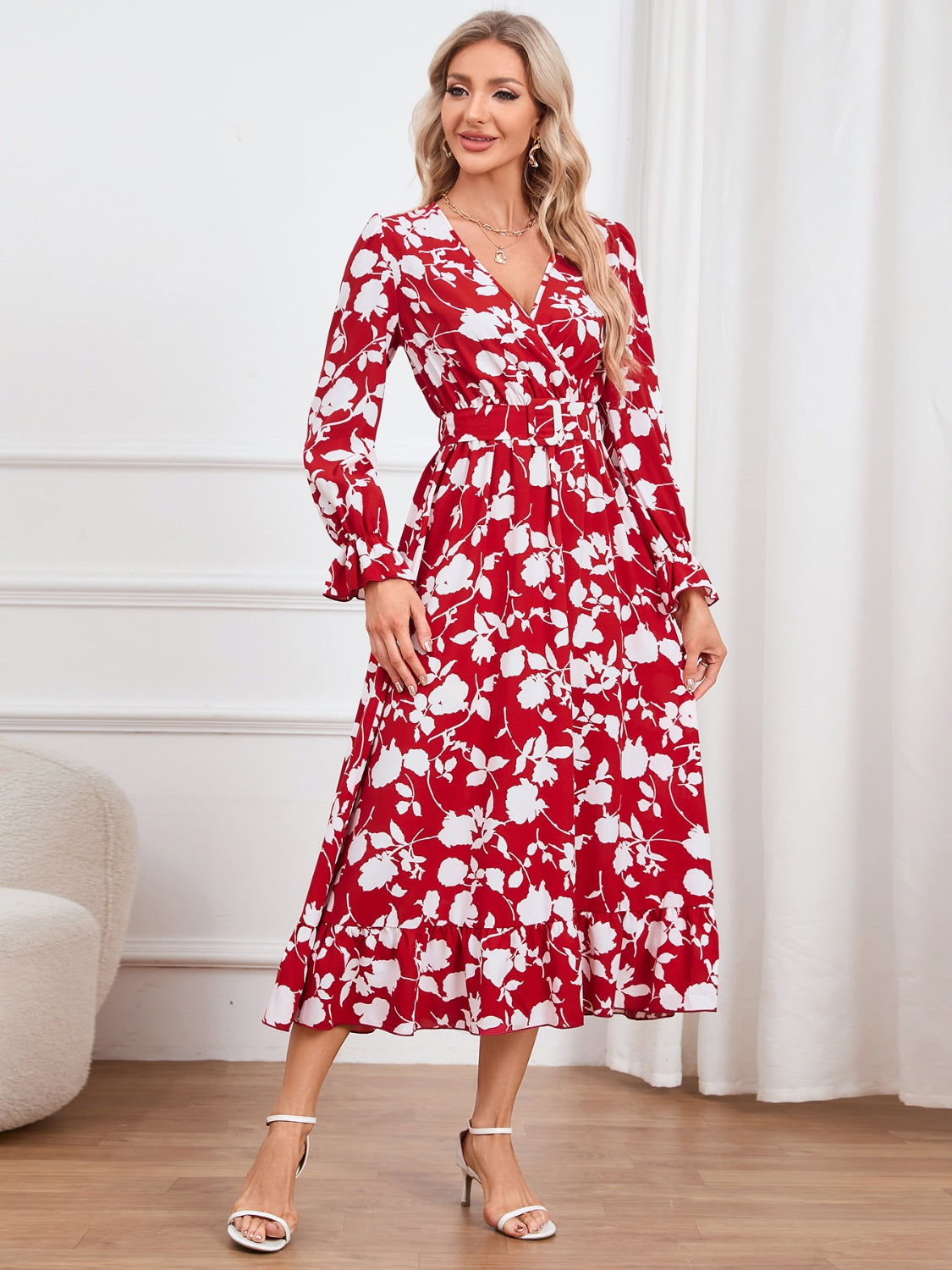 Floral Surplice Flounce Sleeve Ruffle Hem Dress