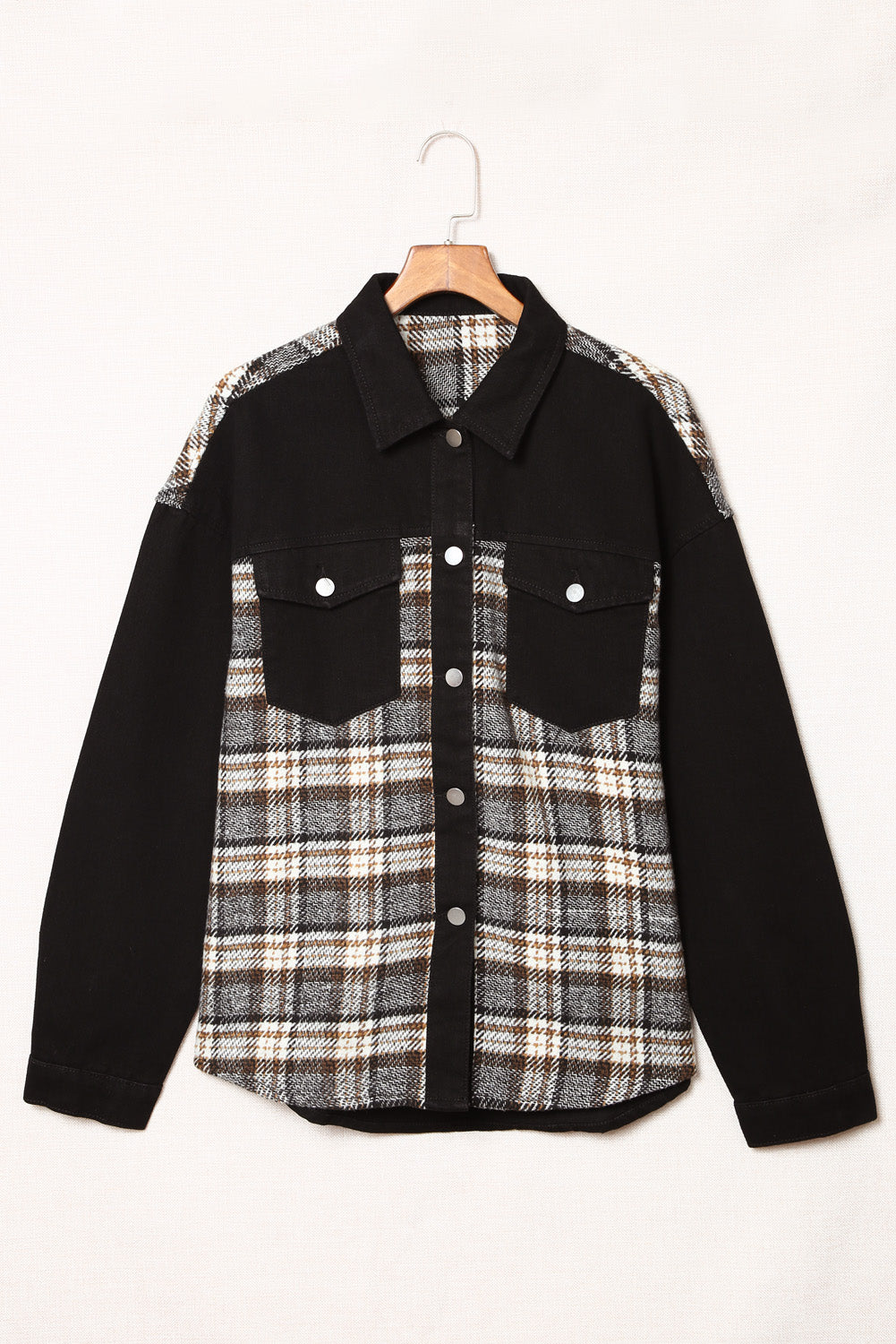 Plaid Pocketed Button Up Denim Jacket