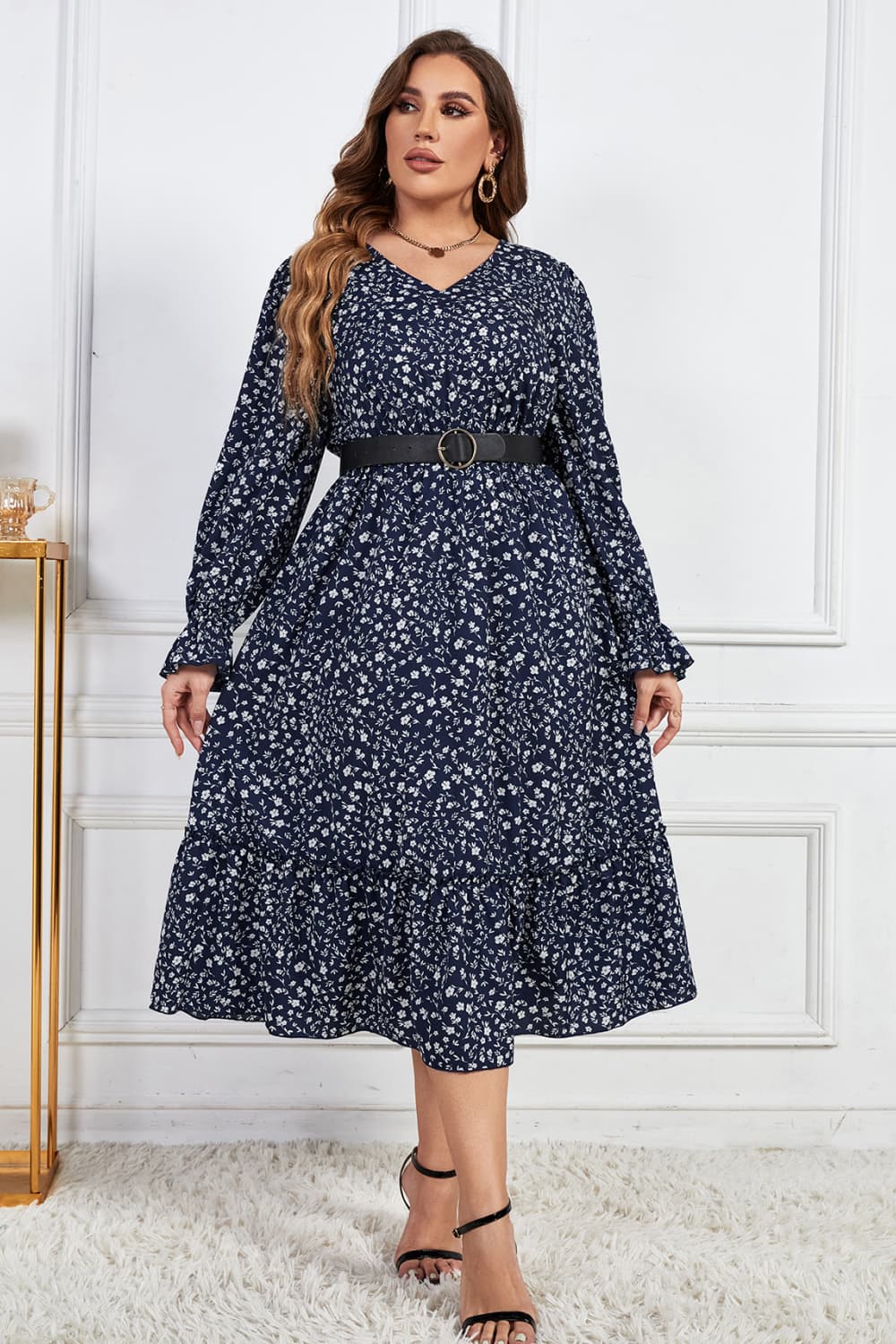 Melo Apparel Plus Size Floral Print V-Neck Flounce Sleeve Midi Dress