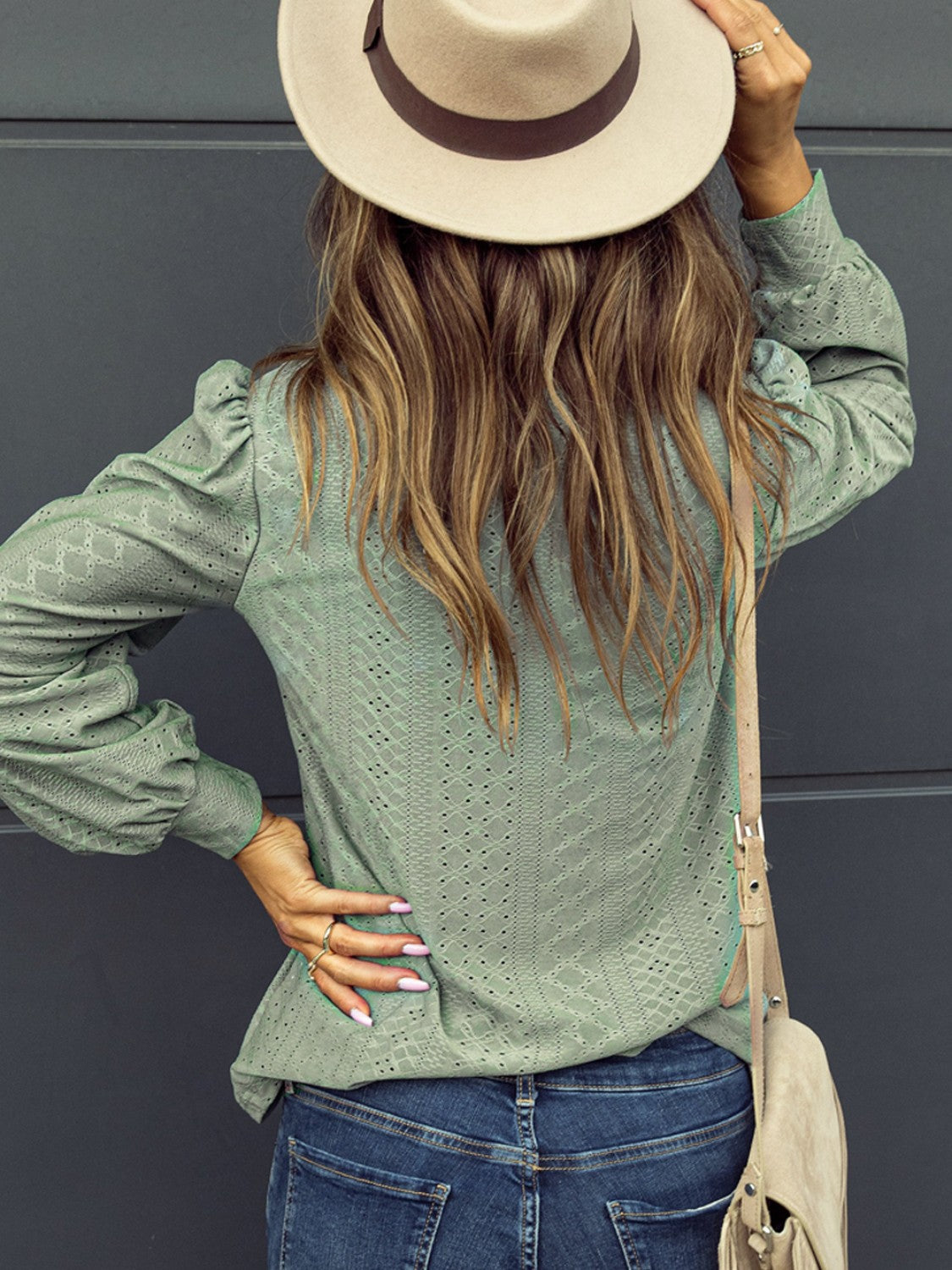 Eyelet V-Neck Long Sleeve Blouse