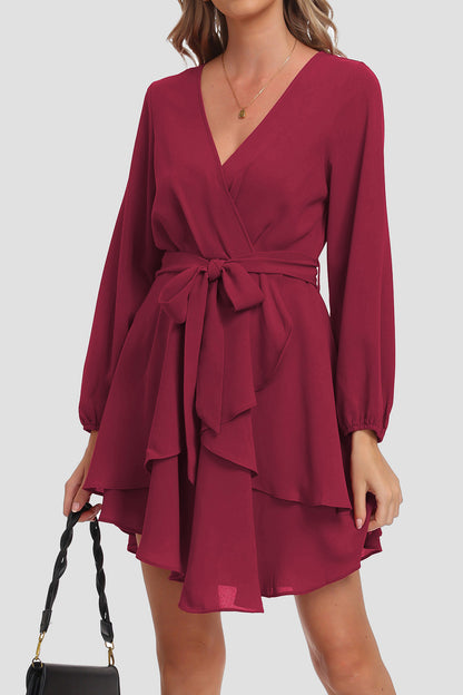 Tied Surplice Balloon Sleeve Layered Dress