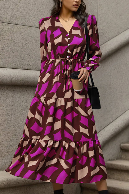 Printed Tied Pocketed Lantern Sleeve Dress