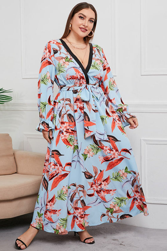 Plus Size Belted Surplice Flounce Sleeve Maxi Dress