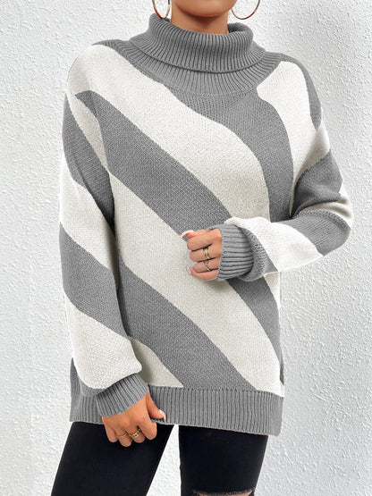 Striped Turtleneck Dropped Shoulder Sweater