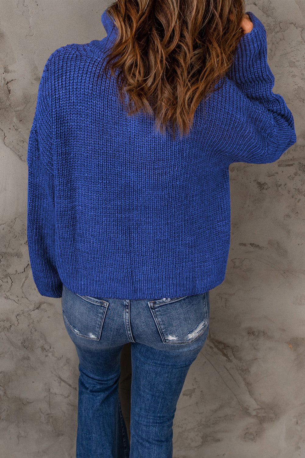 Woven Right Half Zip Rib-Knit Dropped Shoulder Sweater