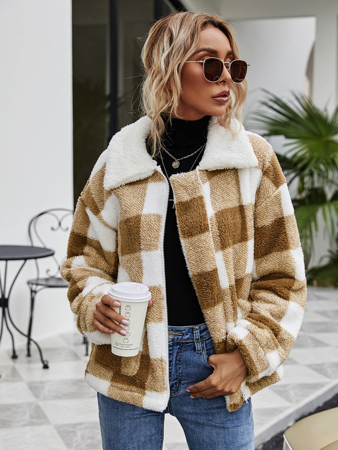 Plaid Zip-Up Collared Jacket