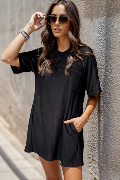 Pocketed Round Neck Short Sleeve Mini Dress