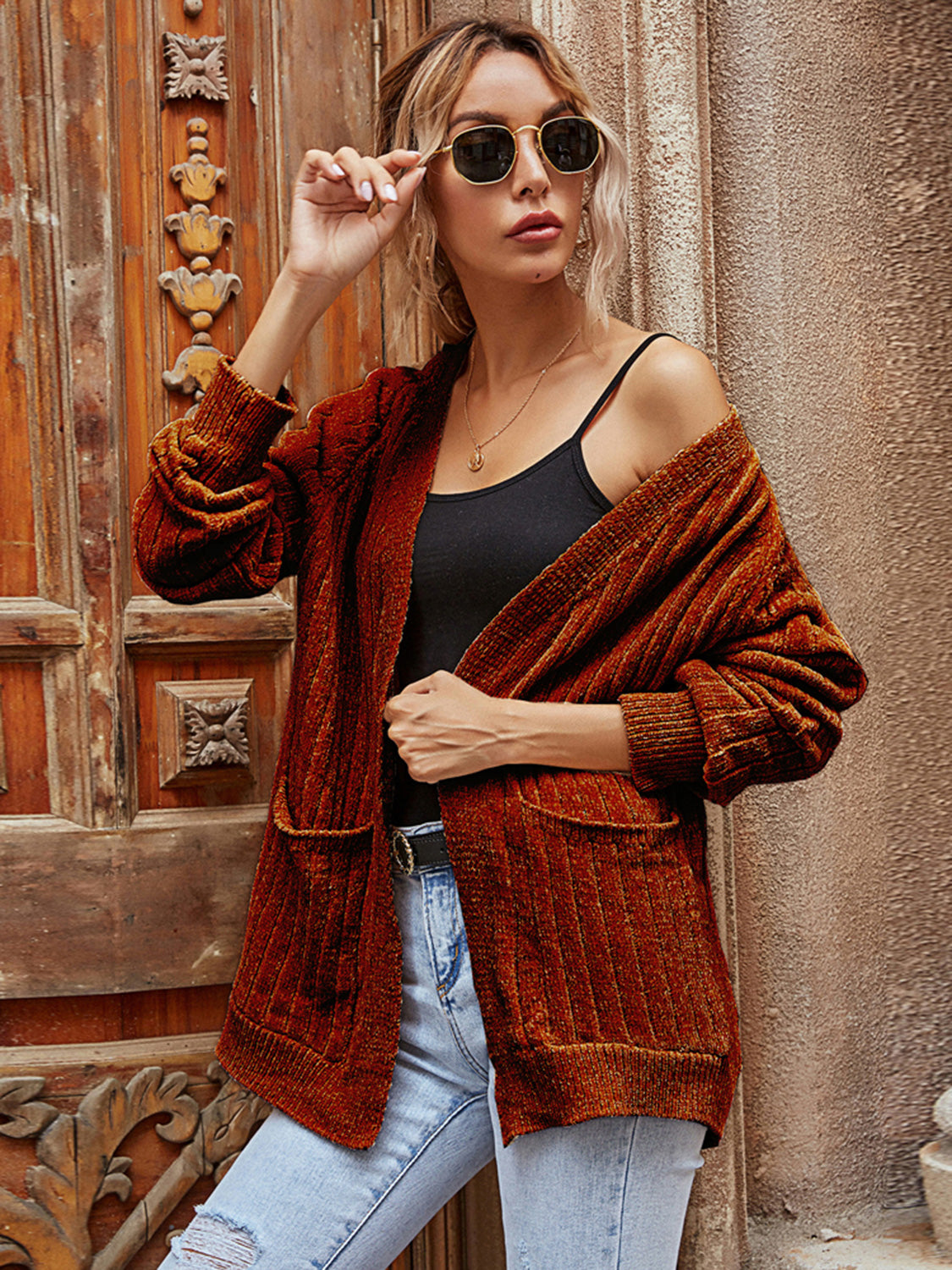 Ribbed Open Front Long Sleeve Cardigan