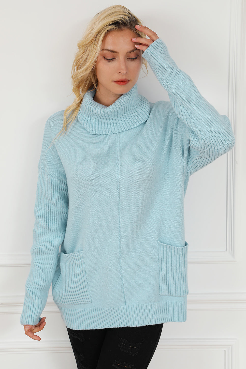 Pocketed Turtleneck Dropped Shoulder Sweater