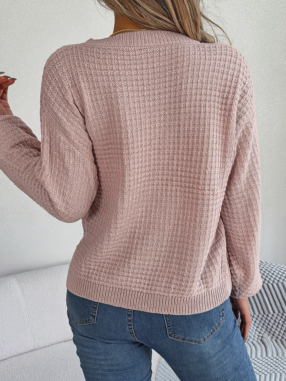 Cable-Knit Round Neck Long Sleeve Sweater