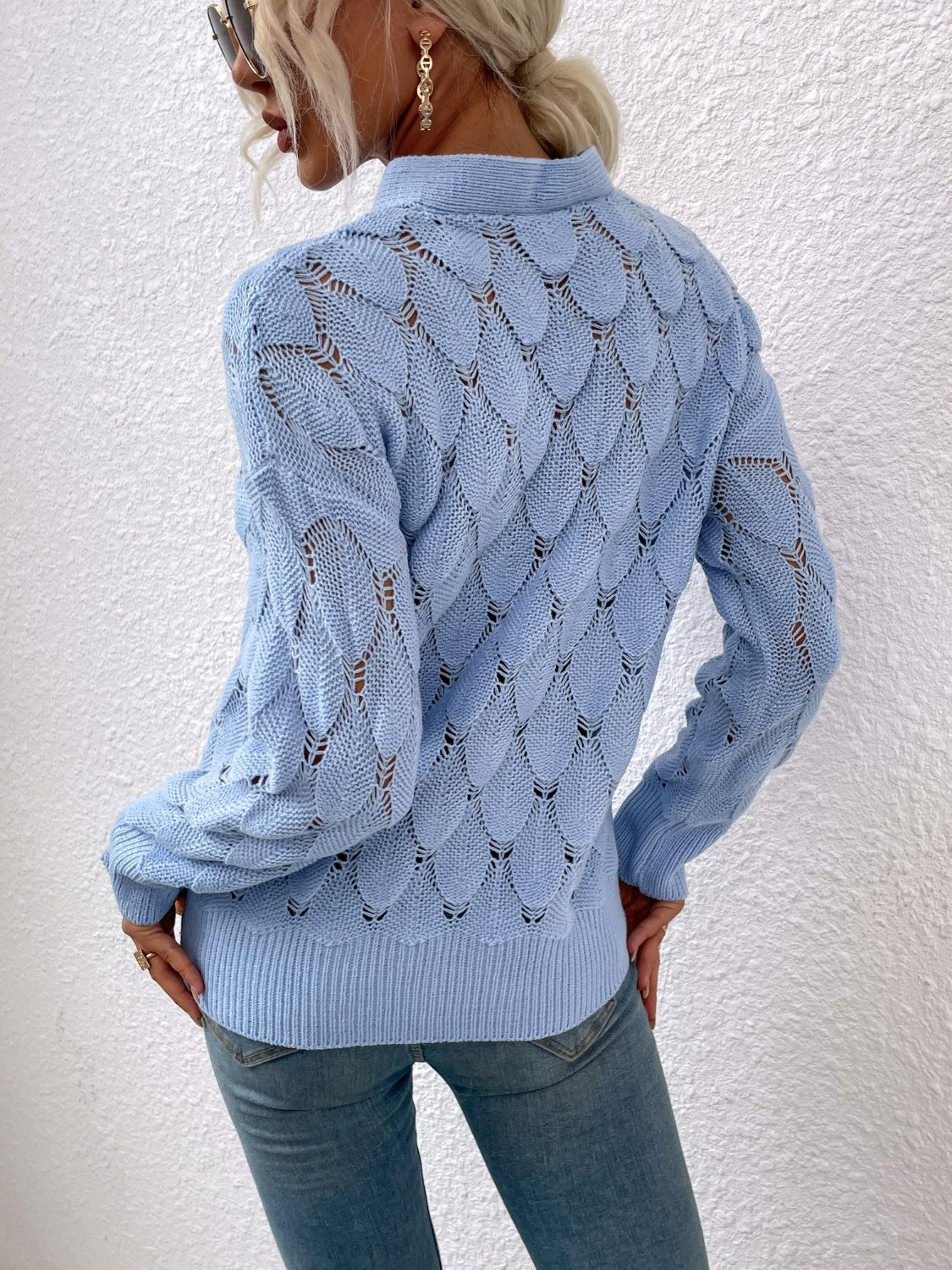 Openwork Cutout Dropped Shoulder Sweater