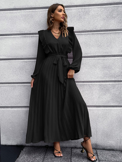 Pleated Surplice Tie Waist Maxi Dress