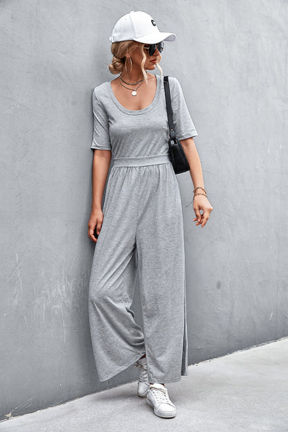 Scoop Neck Half Sleeve Wide Leg Jumpsuit