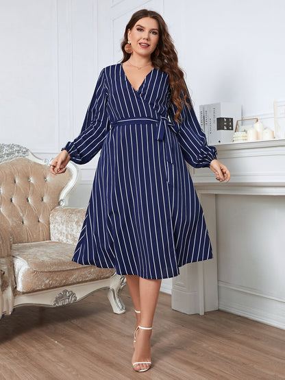 Melo Apparel Plus Size Striped Surplice Neck Long Sleeve Dress