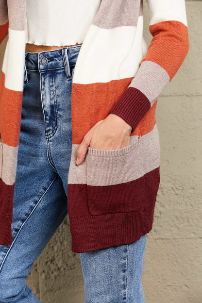 Woven Right Color Block Open Front Ribbed Cuff Cardigan with Pockets