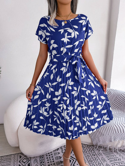 Printed Round Neck Short Sleeve Pleated Dress