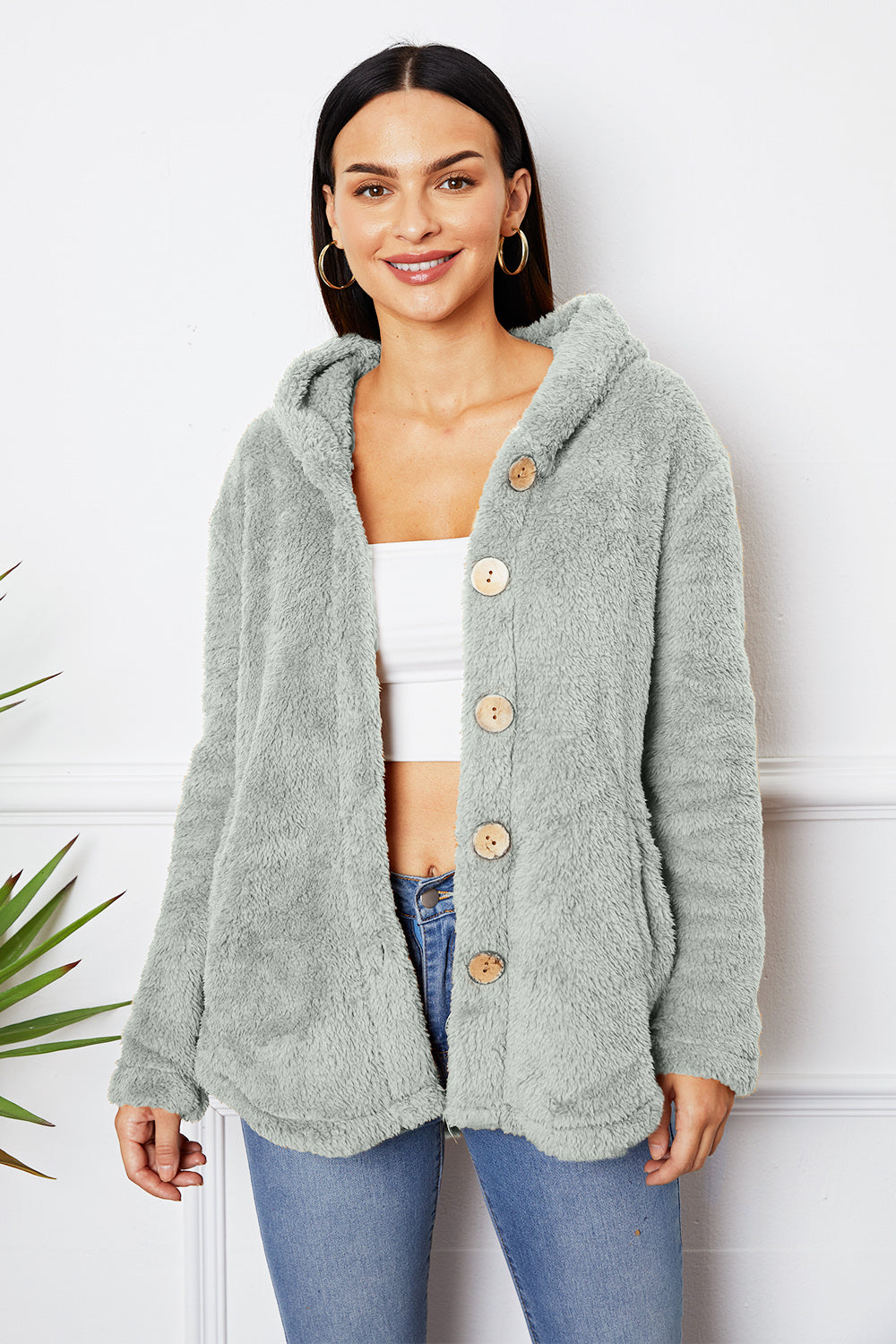 Fuzzy Button Up Hooded Outerwear