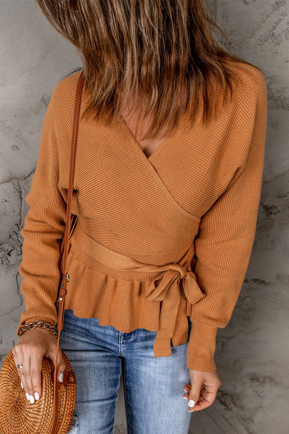 Surplice Long Sleeve Peplum Sweater