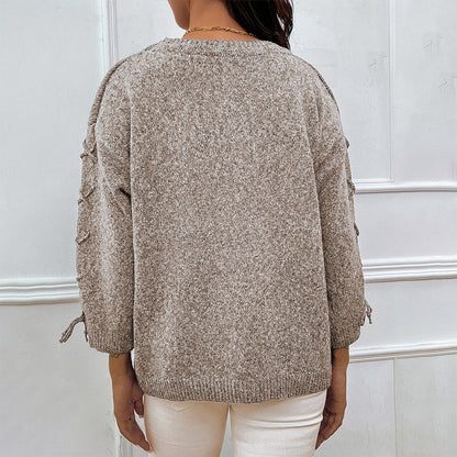 Lace-Up Long Sleeve Round Neck Sweater