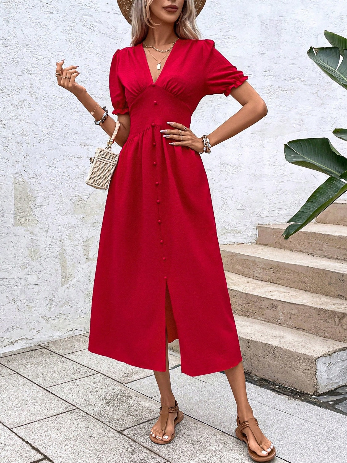 V-Neck Decorative Button Slit Midi Dress