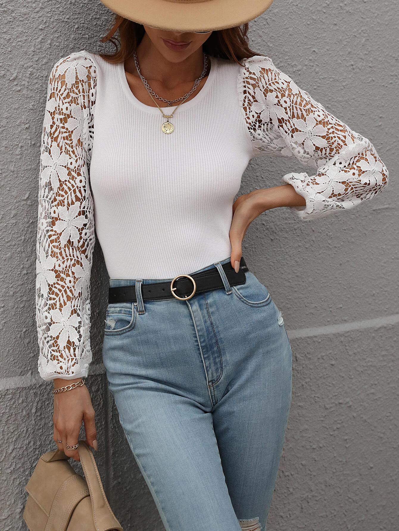 Lace Sleeve Round Neck Ribbed Top