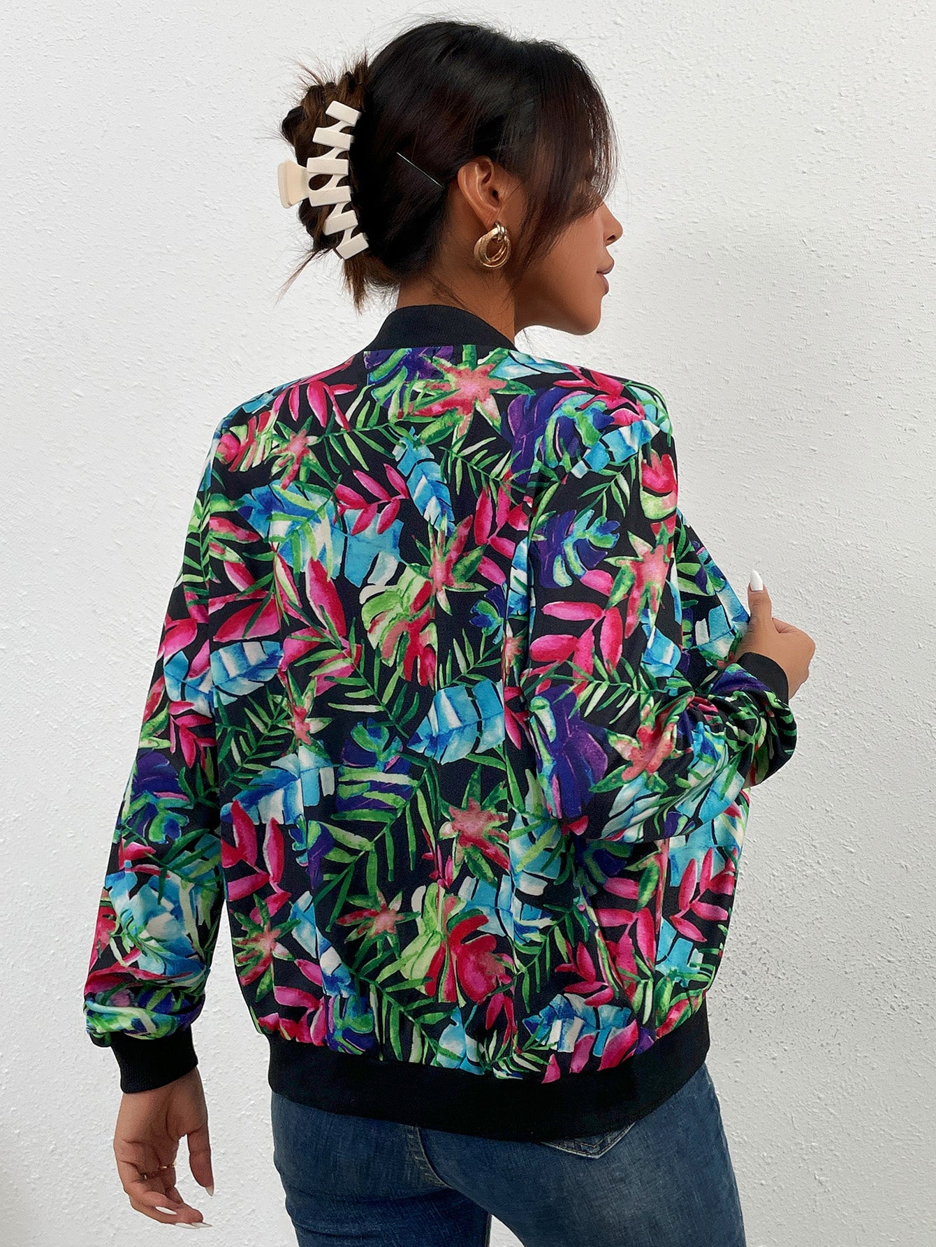 Printed Zipper-Up Long Sleeve Jacket