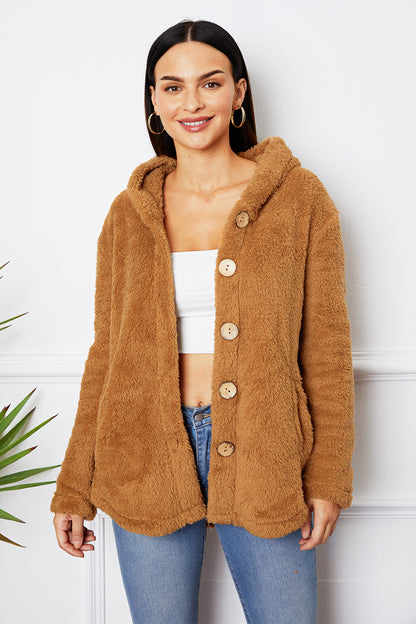 Fuzzy Button Up Hooded Outerwear