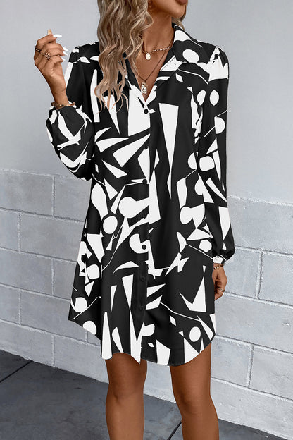 Geometric Long Sleeve Shirt Dress