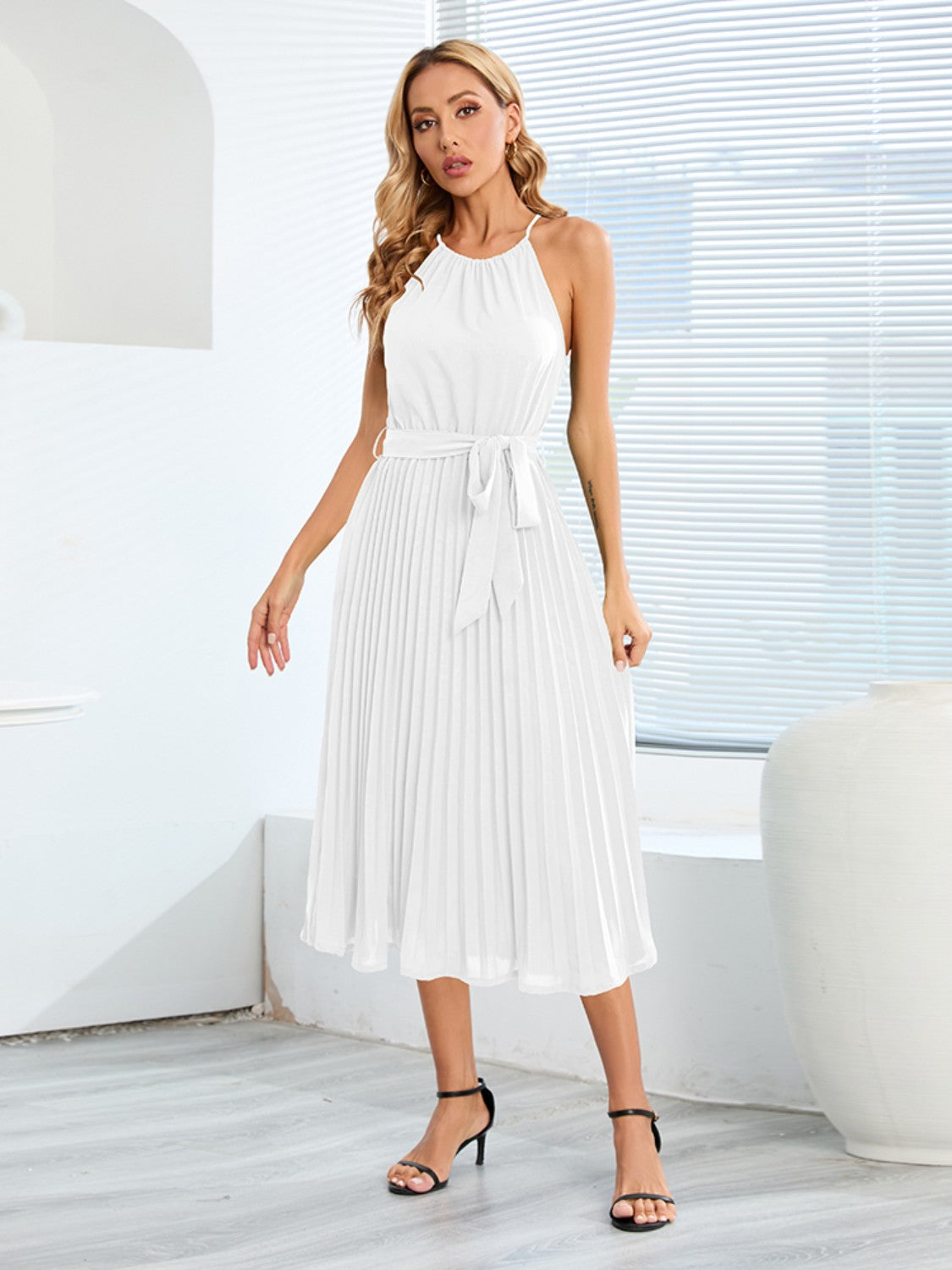 Pleated Spaghetti Strap Tie Waist Midi Dress