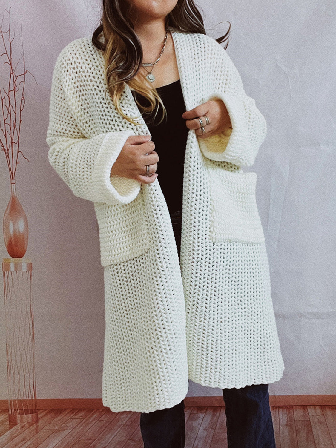 Open Front Long Sleeve Cardigan with Pockets