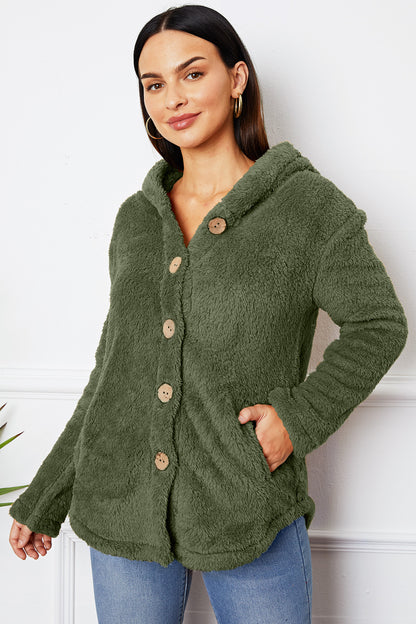 Fuzzy Button Up Hooded Outerwear