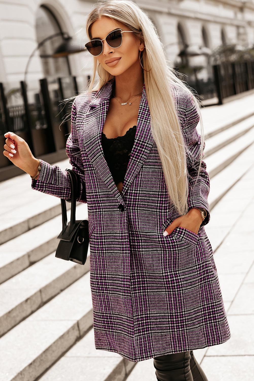 Plaid Lapel Collar Longline Blazer