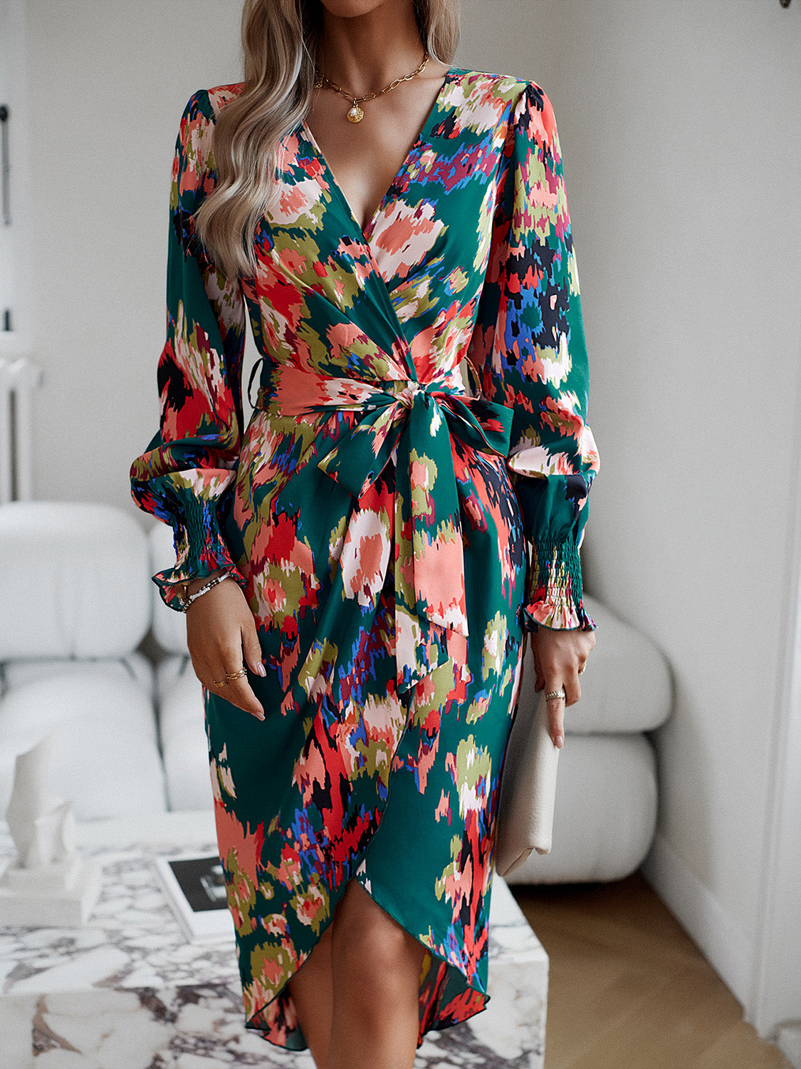 Printed Tie Front Lantern Sleeve Dress