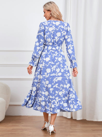 Floral Surplice Flounce Sleeve Ruffle Hem Dress