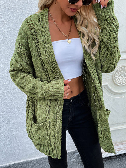 Woven Right Cable-Knit Open Front Cardigan with Front Pockets