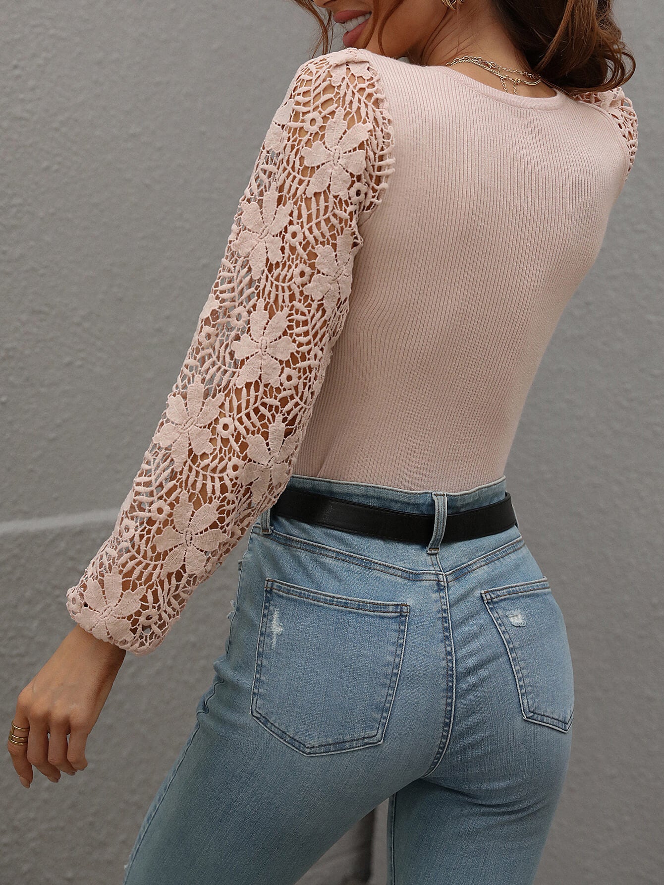 Lace Sleeve Round Neck Ribbed Top