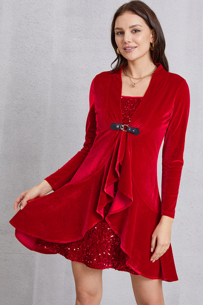 Sequin Ruffle Hem Long Sleeve Mini Dress