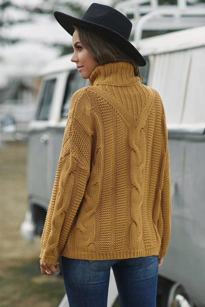 Cable-Knit Turtleneck Dropped Shoulder Sweater