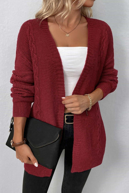 Cable-Knit Open Front Cardigan with Pockets