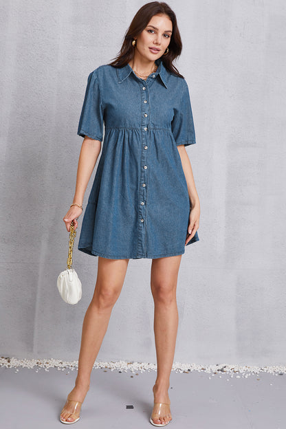 Button Up Collared Neck Tiered Denim Dress