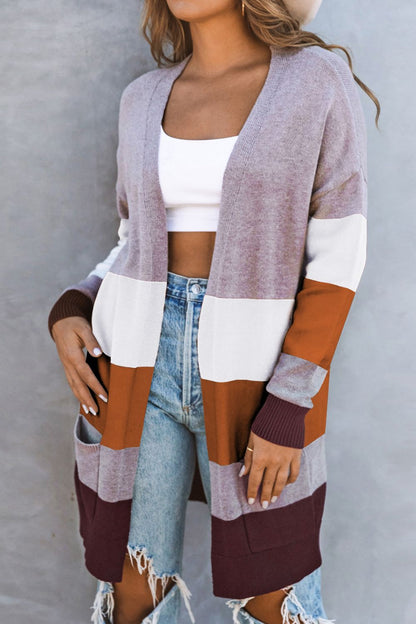 Woven Right Color Block Open Front Ribbed Cuff Cardigan with Pockets