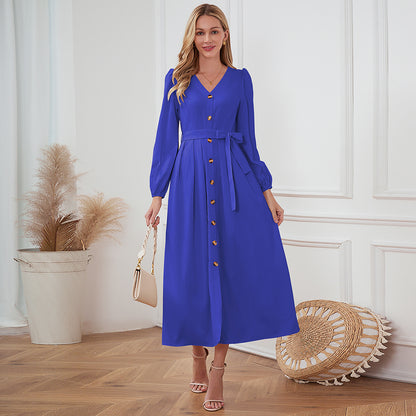 V-Neck Button Up Tie Front Long Sleeve Dress