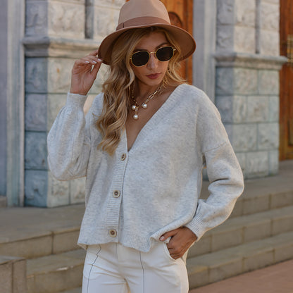 Button Up V-Neck Long Sleeve Cardigan