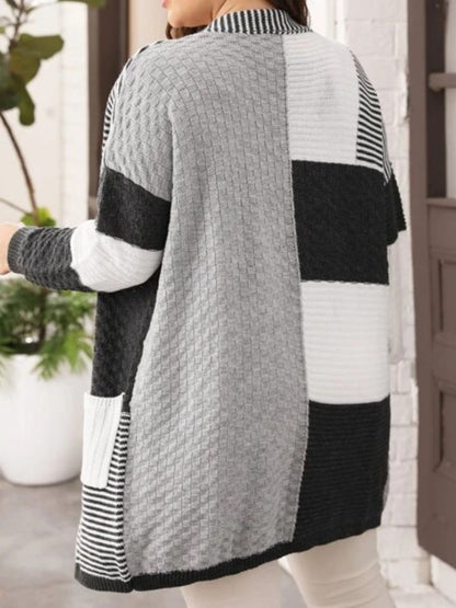 Plus Size Color Block Pocketed Dropped Shoulder Cardigan