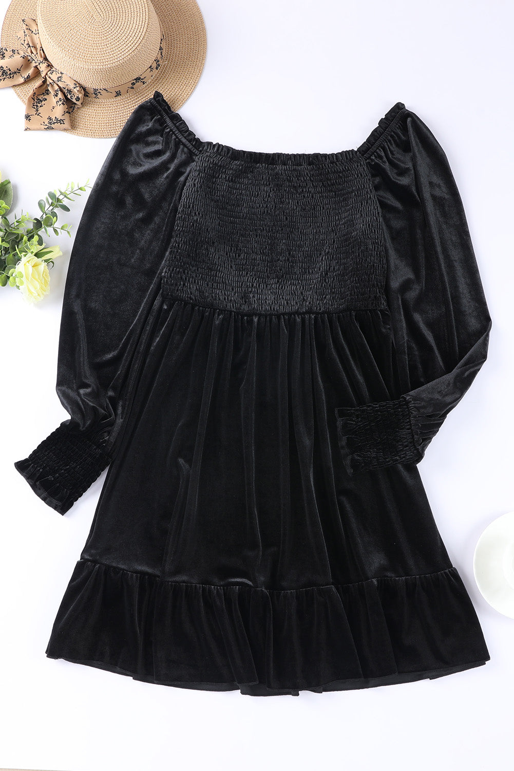 Square Neck Smocked Ruffle Hem Dress