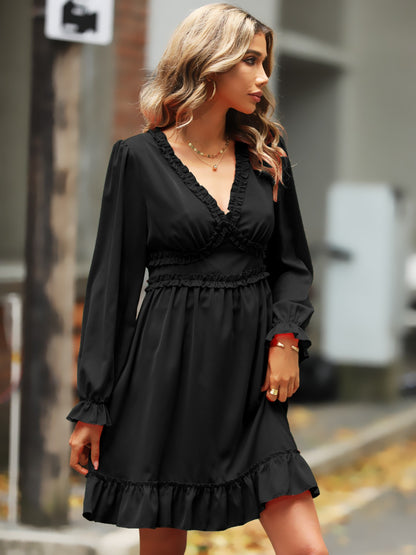 Ruffle Trim V-Neck Flounce Sleeve Dress