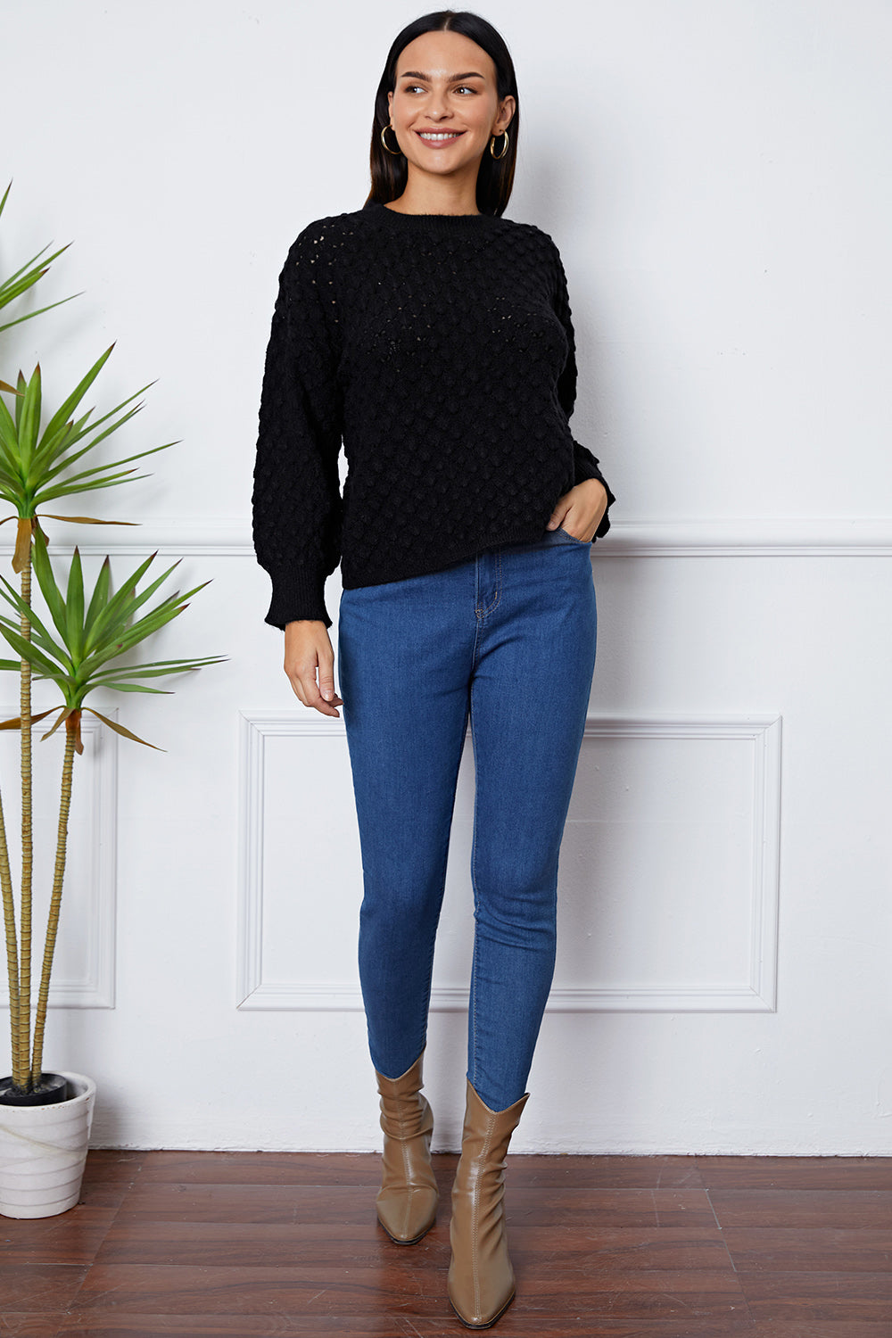 Openwork Round Neck Long Sleeve Sweater