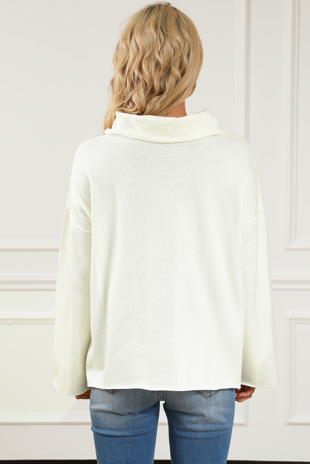 Slit Mock Neck Dropped Shoulder Sweater