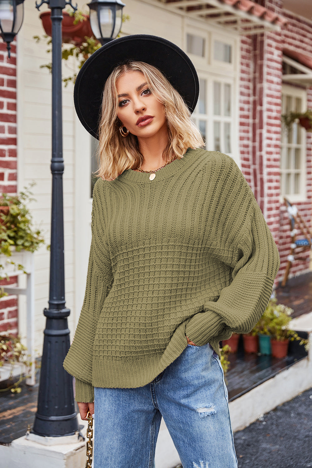 Ribbed Drop Shoulder Lantern Sleeve Sweater