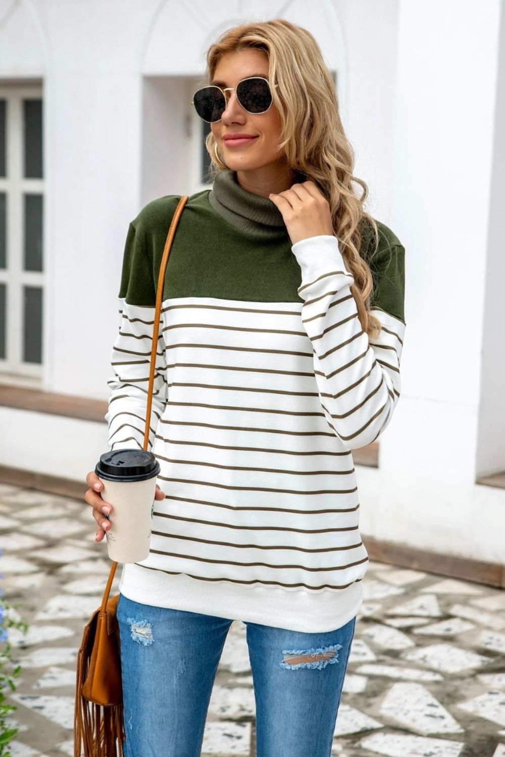 Striped Contrast Turtleneck Sweater